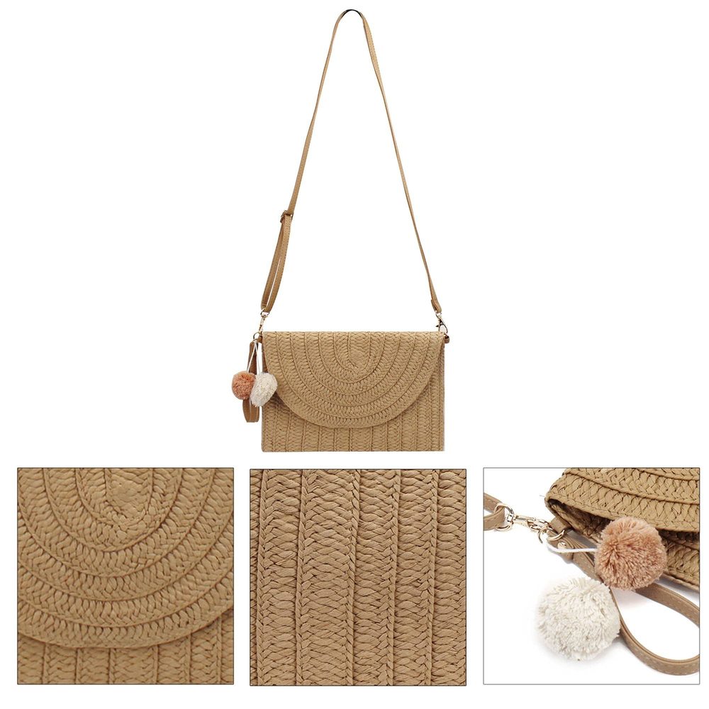 Straw Shoulder Bag Woven Pom Pom Clutch Envelope Purse Wallet Casual :P - Picture 5 of 6